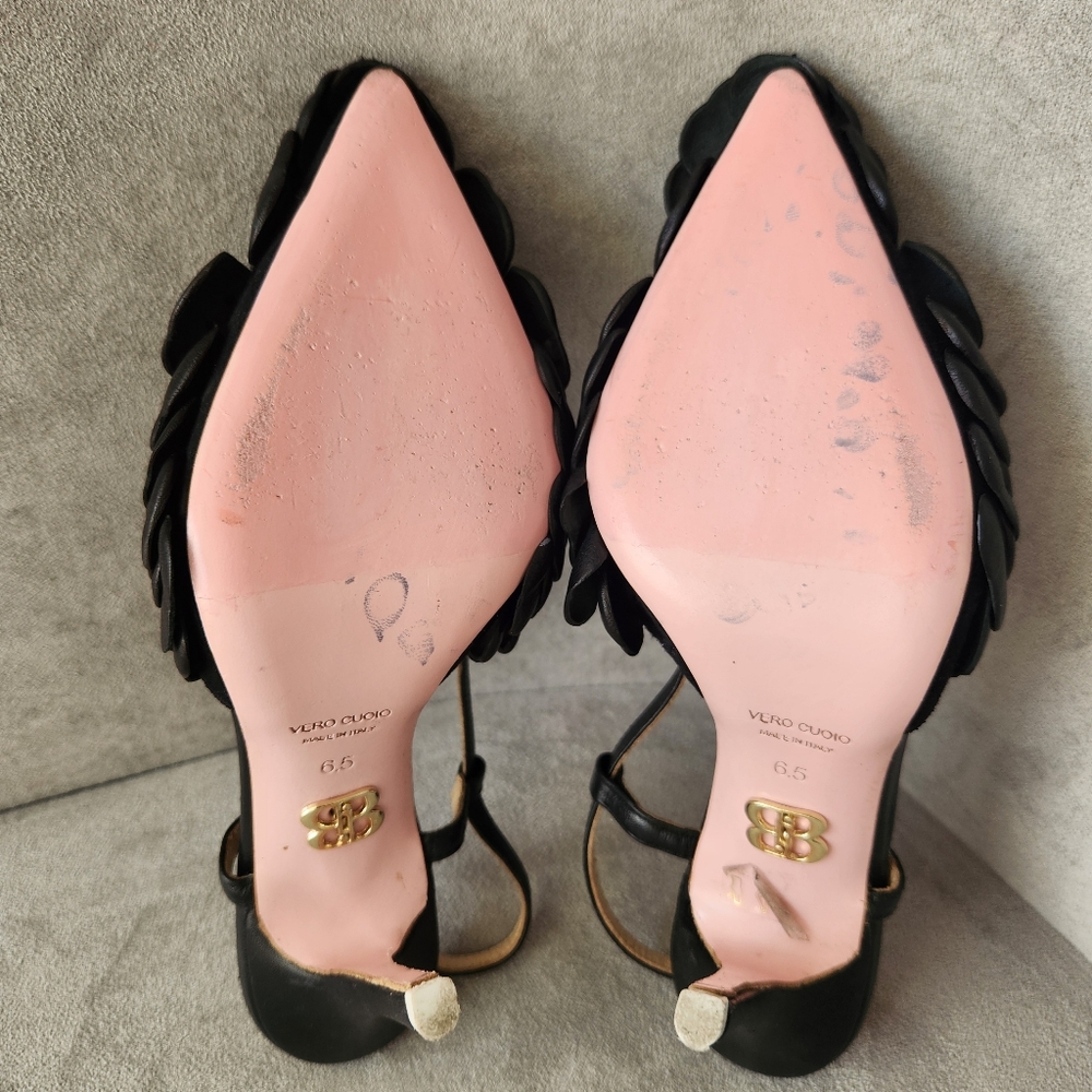 Beautiisoles Slingback Pumps 6.5 Black Leather Petals Flower Pointy Made Italy - Picture 16 of 17